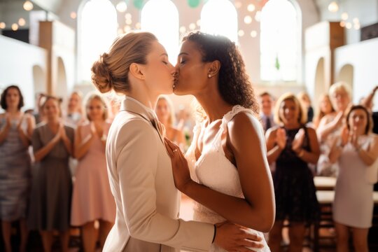 Lesbian couple are kissing each other at their wedding ceremony