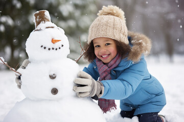 A Little girl building snowman at the park in winter