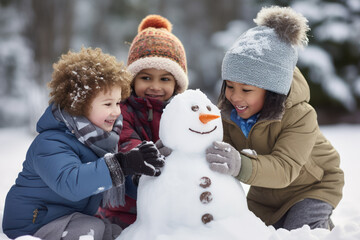 Multiethnic children building snowman at the park in winter