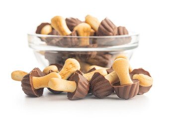 Candy in the shape of a mushroom. Chocolate mushrooms isolated on white background.