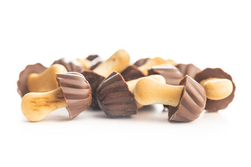 Candy in the shape of a mushroom. Chocolate mushrooms isolated on white background.