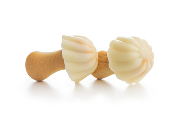 Candy in the shape of a mushroom. White chocolate mushrooms isolated on white background.