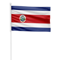 Costa Rica flag isolated on cutout background. Waving the Costa Rica flag on a white metal pole.