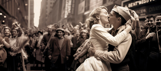 1945 World War II Victory Celebration: A Crowd's Joyful Moments Captured as a Soldier Embraces His Nurse Girlfriend in Sepia