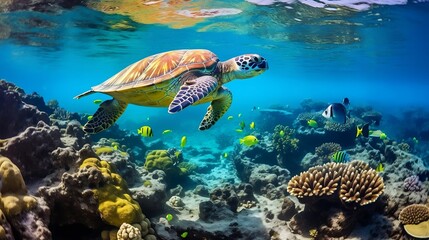 Coral reef teeming with colorful fish, turtles, intricate formations