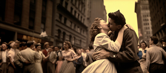 1945 World War II Victory Celebration: A Crowd's Joyful Moments Captured as a Soldier Embraces His Nurse Girlfriend in Sepia

 - Powered by Adobe