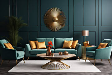 Mid century interior design for a modern living room featuring an elegant sofa, framed artwork, a table, and various accessories