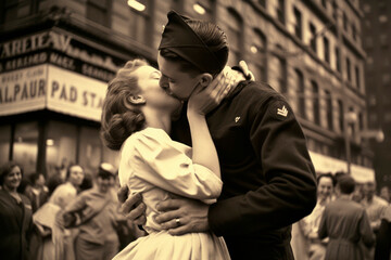 1945 World War II Victory Celebration: A Crowd's Joyful Moments Captured as a Soldier Embraces His Nurse Girlfriend in Sepia

 - obrazy, fototapety, plakaty