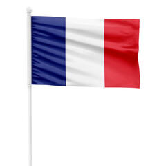 France flag isolated on cutout background. Waving the France flag on a white metal pole.