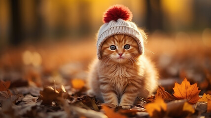 Naklejka na ściany i meble a cute little kitten is wearing a hat, posing in an autumn park among fallen yellow leaves, the background of the autumn calendar is a joke
