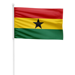 Ghana flag isolated on cutout background. Waving the Ghana flag on a white metal pole.