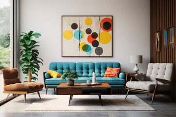 Mid century interior design for a modern living room featuring an elegant sofa, framed artwork, a table, and various accessories