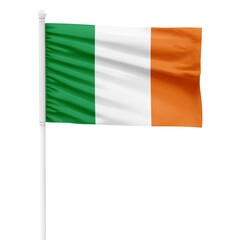 Ireland flag isolated on cutout background. Waving the Ireland flag on a white metal pole.
