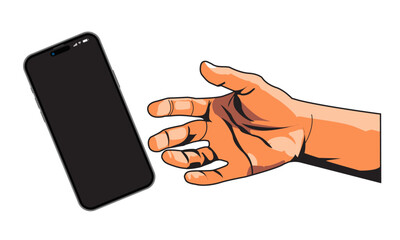 Smartphone and hand. Retro comic pop art hand holding a smart phone with empty screen. Vector illustration.