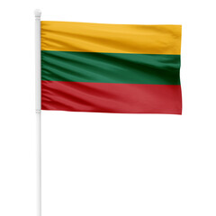 Lithuania flag isolated on cutout background. Waving the Lithuania flag on a white metal pole.