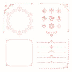 Vintage set of horizontal, square and round elements. Pink elements for backgrounds, frames and monograms. Classic patterns. Set of vintage patterns