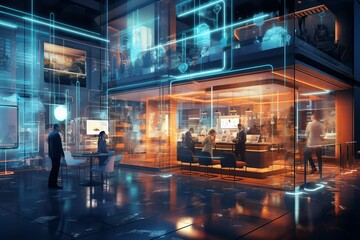 Human and AI Symbiosis in Advanced Urban Landscapes. Futuristic Background with Smart Robots and Androids.