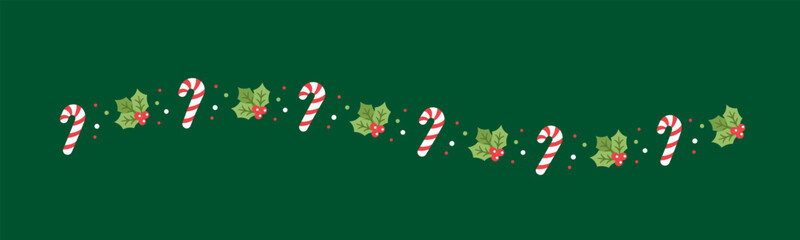 Christmas themed decorative wavy border and text divider, Mistletoe and Candy Cane Pattern. Vector Illustration.