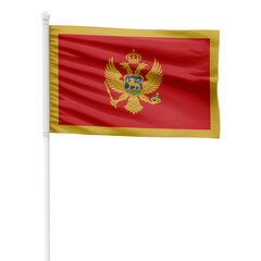 Montenegro flag isolated on cutout background. Waving the Montenegro flag on a white metal pole.