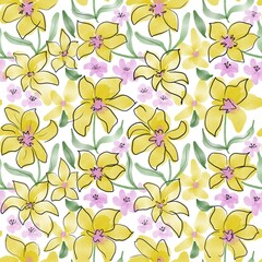 Floral in yellow and pink. Seamless watercolor abstract botanical pattern.