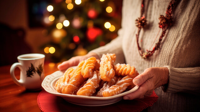 Elderly Lady Embracing Christmas Traditions, Offering Plate of Delicious Holiday Sweets, Festive Delights Abound

