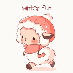 Cute kawaii sheep in winter clothes. Vector illustration.