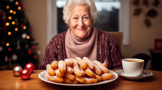 Elderly Lady Embracing Christmas Traditions, Offering Plate of Delicious Holiday Sweets, Festive Delights Abound

