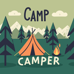 camp, camper, vector, campfire, outdoor, lifestyle, adventure, typography 