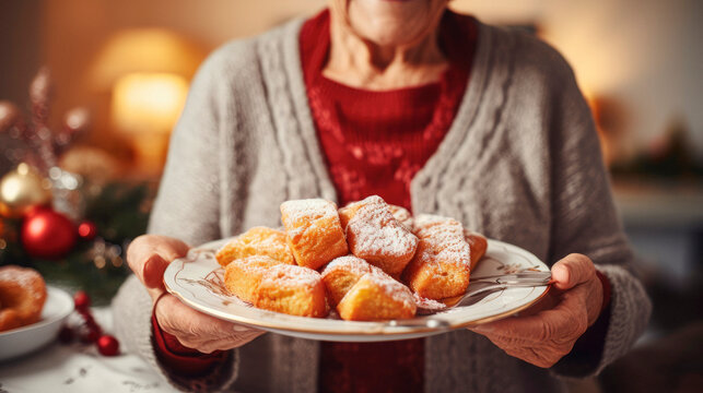 Elderly Lady Embracing Christmas Traditions, Offering Plate of Delicious Holiday Sweets, Festive Delights Abound

