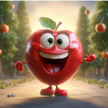 Funny apple character walking on the road to forest. 3d illustration.