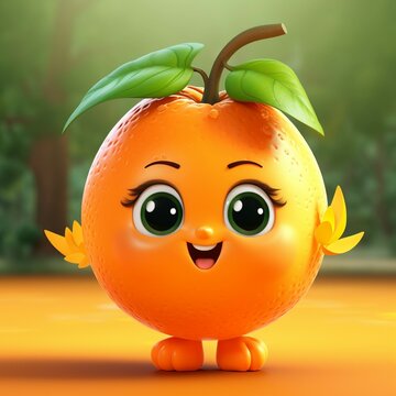 Orange fruit character with green leafs on nature background. 3d illustration