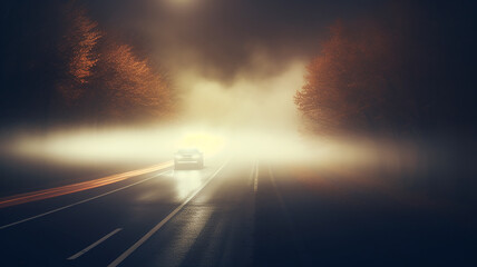 autumn fog on a wet night road in the headlights of a car, autumn dangerous driving weather, fog in the light of a car