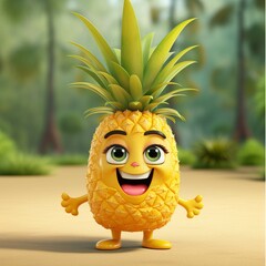 Pineapple character with happy face. 3d render illustration.