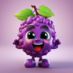 Cartoon character of grape with happy expression, 3d render illustration