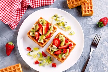  Belgian Waffles with Fruits Strawberries and Kiwi