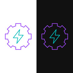 Line Gear and lightning icon isolated on white and black background. Electric power. Lightning bolt sign. Colorful outline concept. Vector