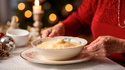 Treasured Traditions: An Elderly Woman's Lovingly Crafted Christmas Dinner, Including Creamy Mashed Potatoes, a Heartwarming Holiday Favorite