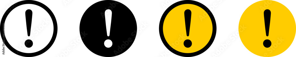 Poster round circle black red and white warning or attention sign set with exclamation mark icon. vector im
