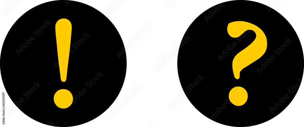 Poster black and yellow warning and info flat round icon set with exclamation mark and question mark symbol