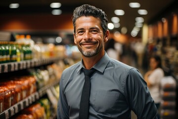 Confident Hispanic Supermarket Employee Posing in Store, "Smiling Hispanic Employee, A Professional Snapshot in a Supermarket Setting