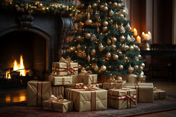 Fototapeta na wymiar Christmas gifts under the tree. Happy children. Christmas gift boxes.