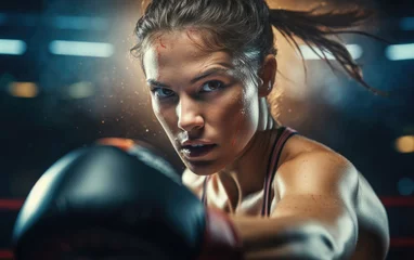 Keuken spatwand met foto Professional female boxer in a heavy fight game take extreme punch in face sport action close-up photo. Generative AI © piai