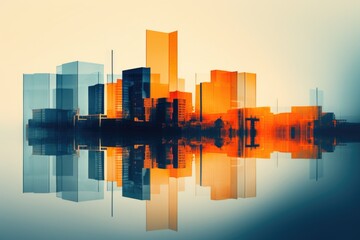 Blue and Orange City Minimalism in a negative artistic space. Visual abstract metaphor. Geometric shapes with gradients.