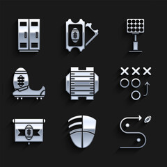Fototapeta premium Set American football field, Planning strategy concept, tv program, Soccer or shoes with spikes, Bright stadium lights and Locker changing room for football, basketball team workers icon. Vector