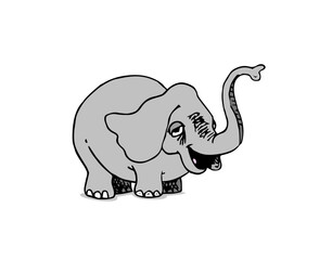 Cute baby elephant with trunk up funny character. Colorful comic cartoon hand drawn style vector illustration isolated on white background.