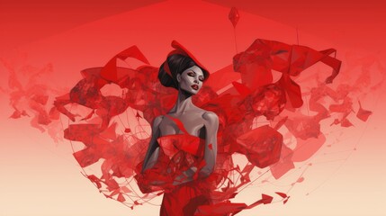 A fashionable elegant woman with glowing skin wearing red heart shaped ribbon abstract dress on red background for February 14 Happy Valentine's day celebration or women's day