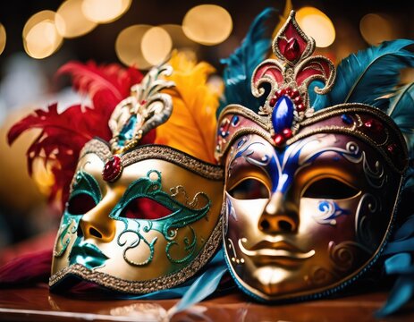 Closeup photo of colorful Venice carnival masks with feathers for venetian festival costume party in romantic Italy 