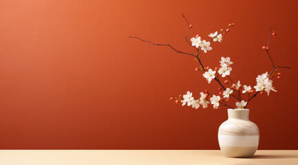 Cherry blossom branches in ceramic vase, on a wooden table, against orange red wall. Minimal japanese still life background with copy space.