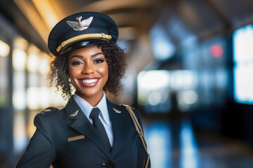 Portrait of a beautiful young pilot in her outfit, in the middle of an airport - obrazy, fototapety, plakaty