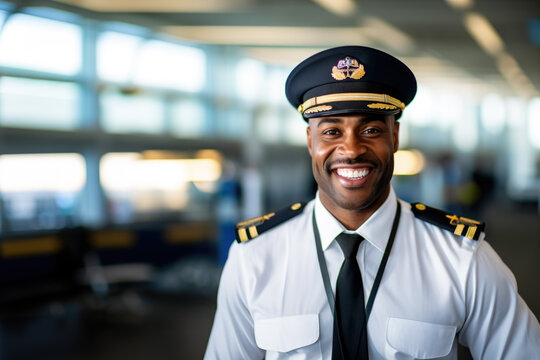 Portrait of a handsom young pilot in his outfit, in the middle of an airport